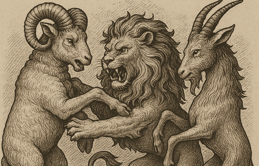 Un bélier, un lion et un capricorne se disputent