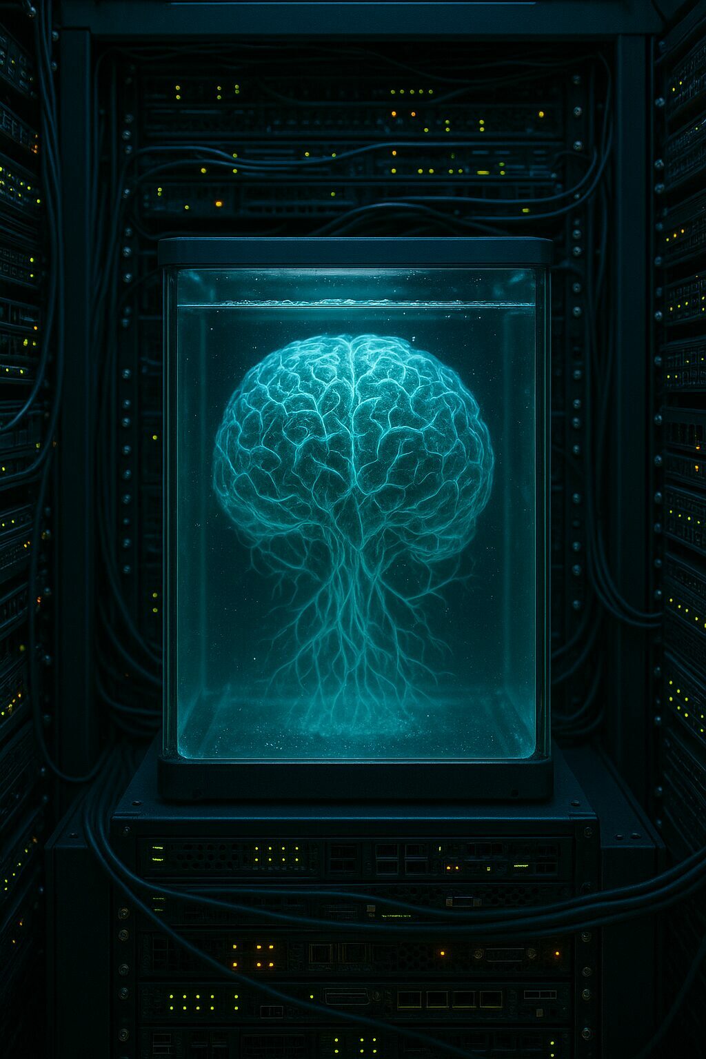 Cerveau luminescent dans une salle serveur