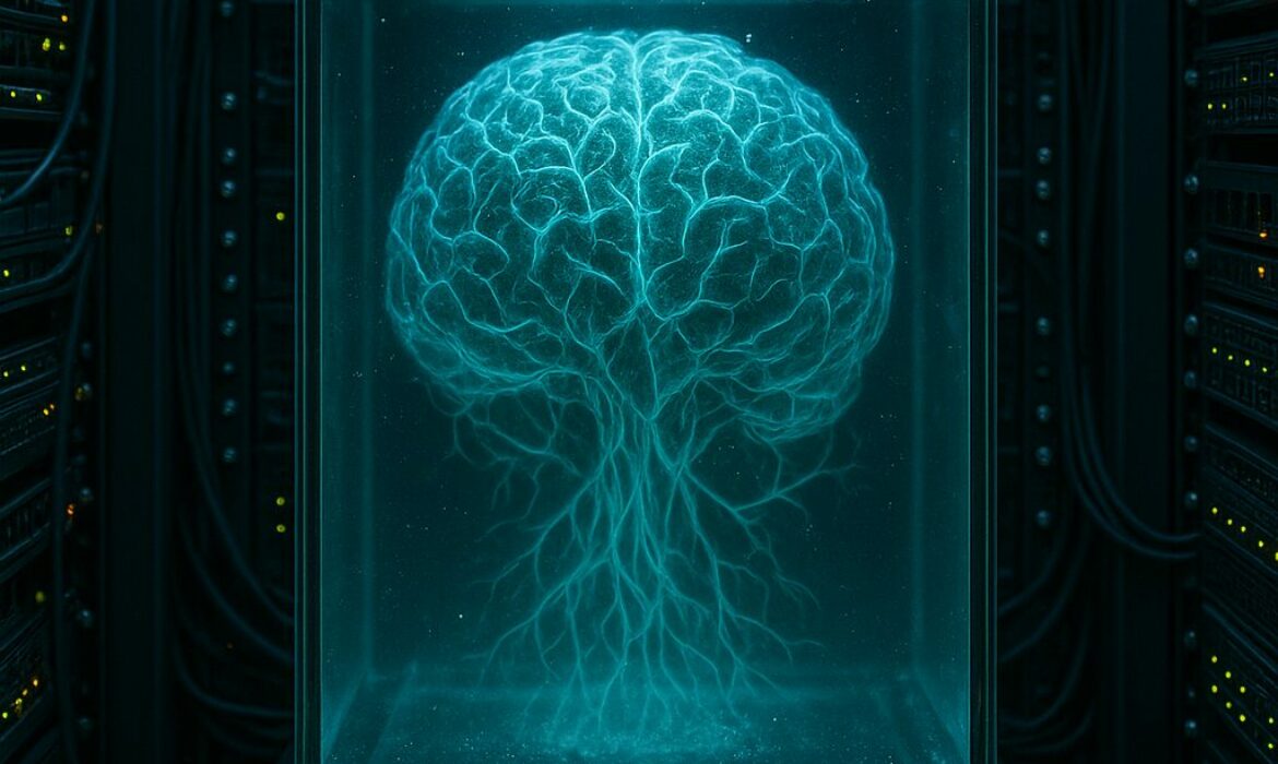 Cerveau luminescent dans une salle serveur