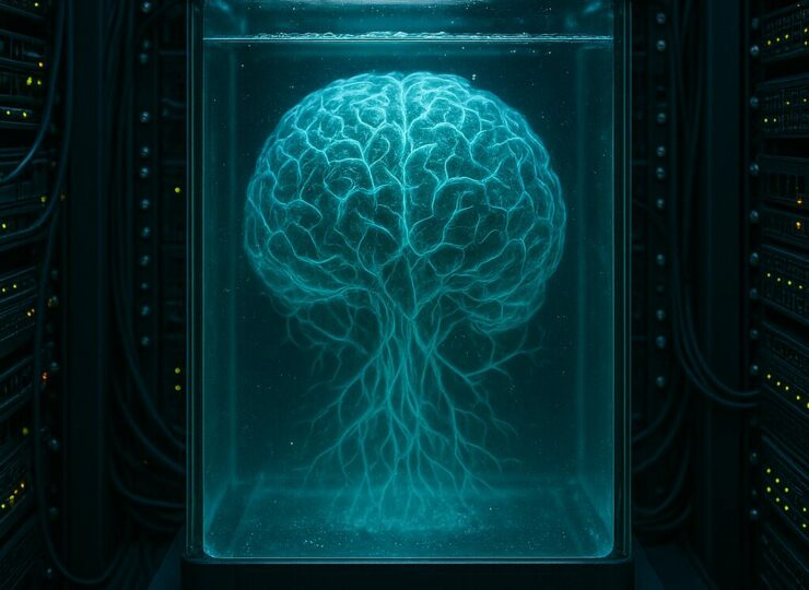 Cerveau luminescent dans une salle serveur