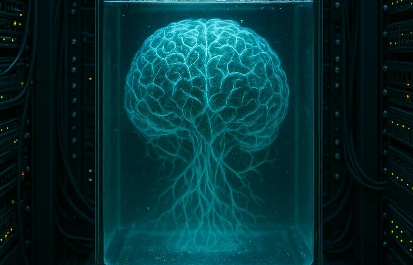 Cerveau luminescent dans une salle serveur