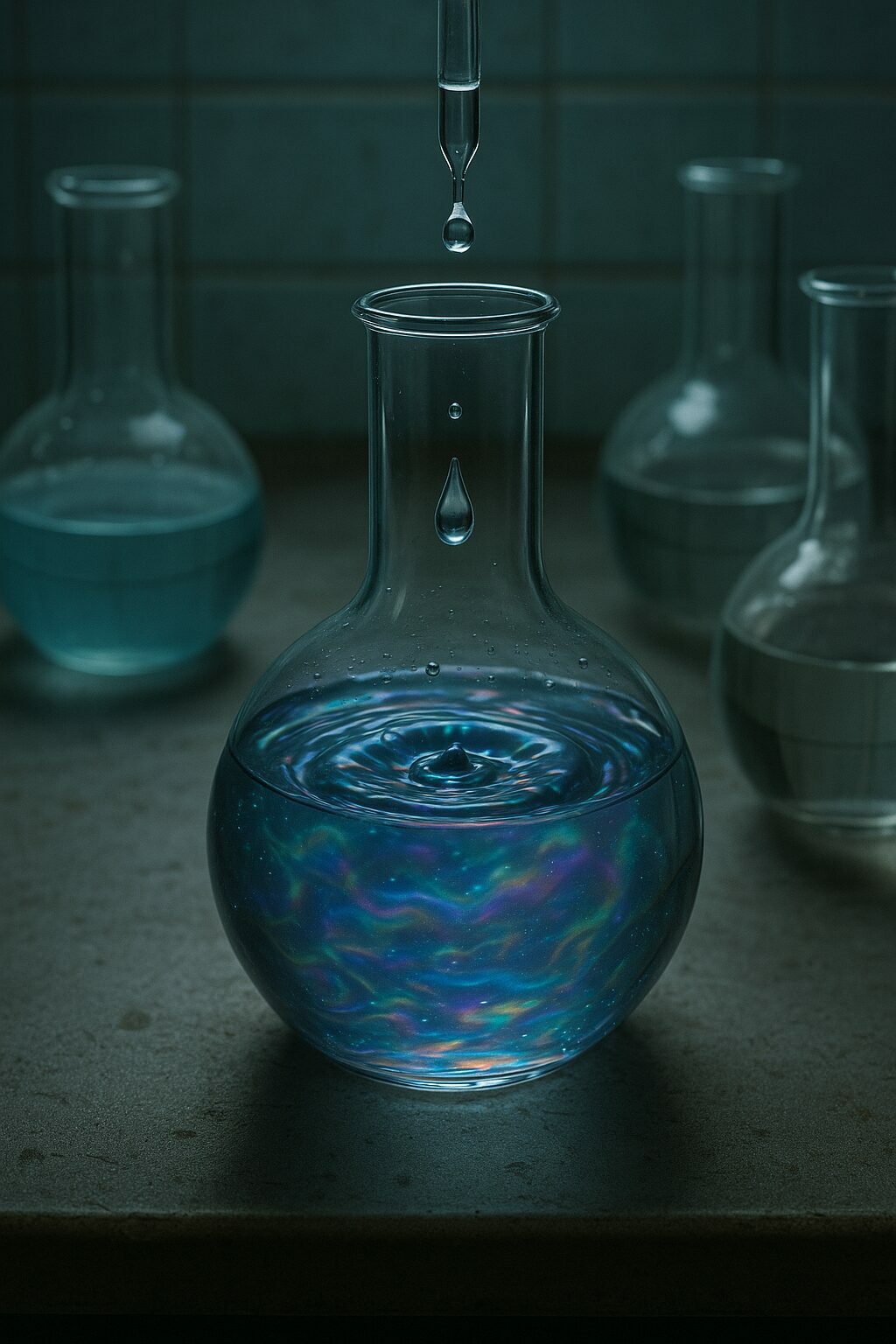 Un goutte tombe dans une fiolet vert sombre