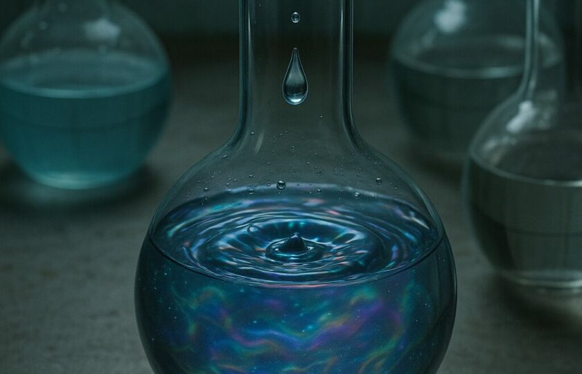 Un goutte tombe dans une fiolet vert sombre